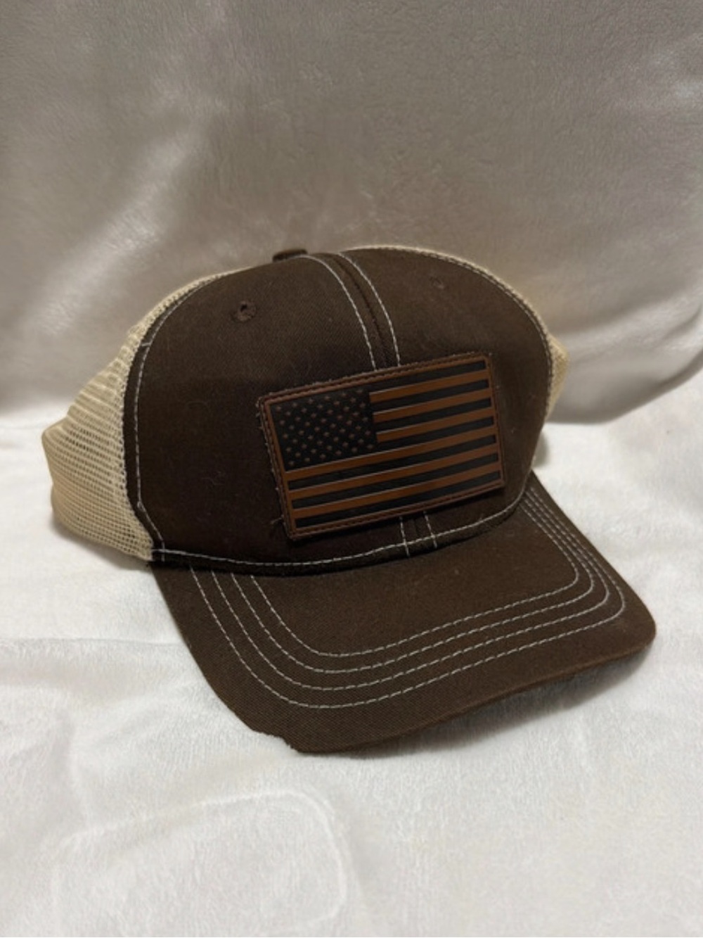 Cody James men's Brown and Tan Trucker Hat with American Flag Patch